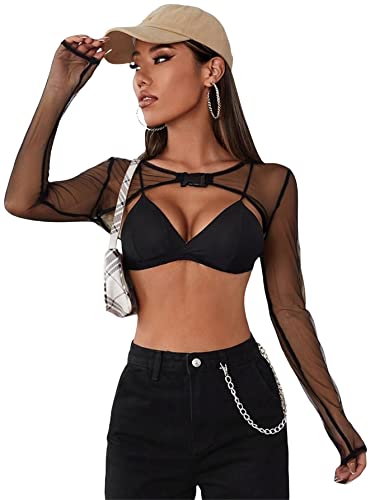 Verdusa Women's Mesh Sheer Crop Top See Through Long Sleeve